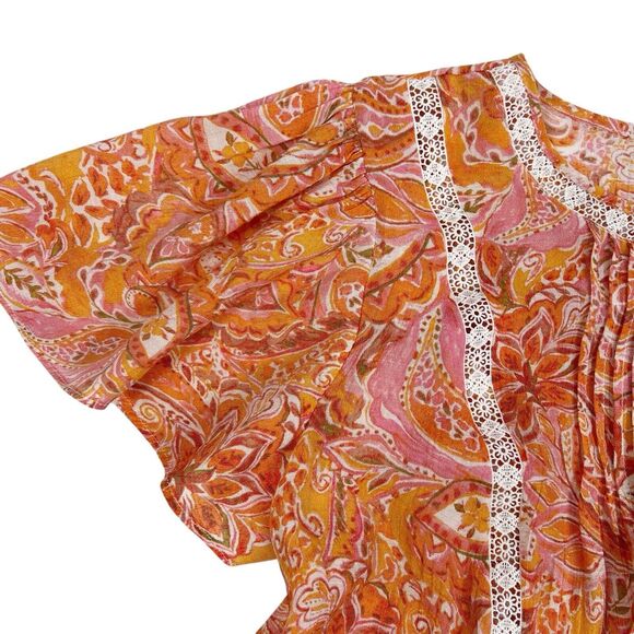 Nanette Lepore Orange Pink Floral Crochet Lace Short Flutter Sleeve Top Medium - Picture 5 of 8